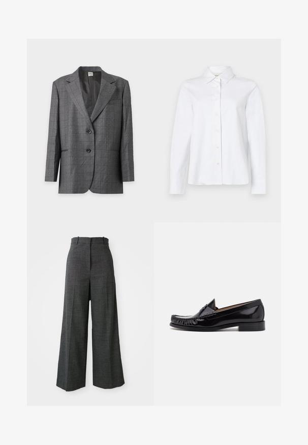 Grå to-knaps blazer med små hvidprikket mønster, hakrevers og forlommer, vist på en lysegrå baggrund.; CLOSED CLASSIC SHIRT WITH STRAP DETAIL - Skjortebluser - white; Gråternet vidde bukser med høj talje, der har forkantfoldninger, vertikal struktur og uden synligt hardware eller detaljer.; Sorte læder moccasin sko med en skinnende finish, der har frynsedetaljer langs fronten og en lav stabelhælk.
