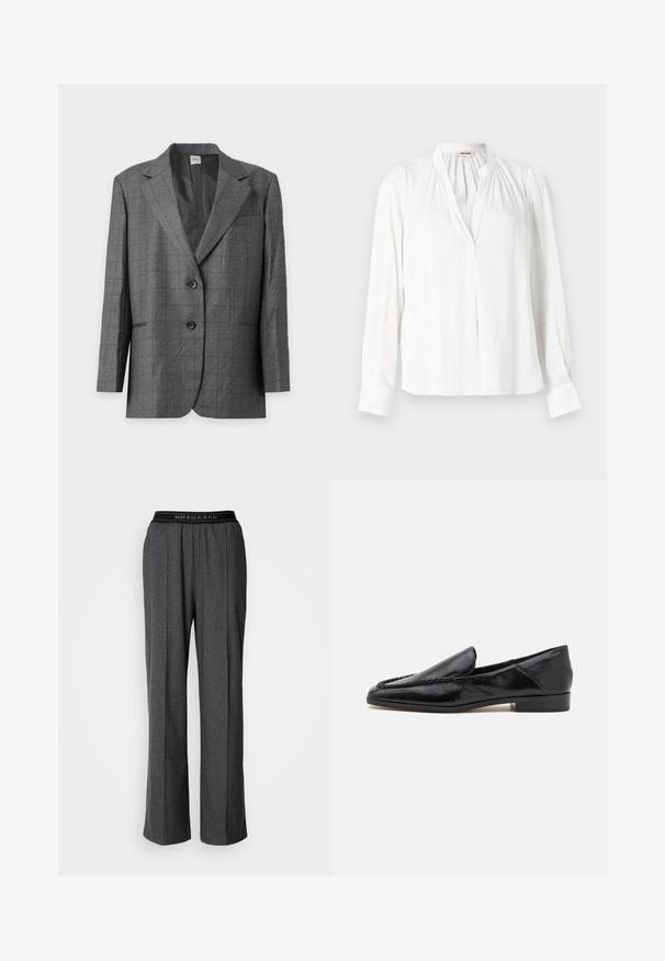 Blazer gris à deux boutons avec petit motif à pois blancs, revers crantés et poches avant, présenté sur un fond gris clair.; Blouse blanche à manches longues avec col montant, plis froncés près de l'encolure et patte de boutonnage avant dissimulée.; Pantalons gris à jambes larges avec des plis, fabriqués dans un tissu texturé. Présentent une ceinture noire avec le logo "NØRGAARD".; Mocassins en cuir noir avec une finition lisse, dotés d'un design cousu le long du bord avant et d'un petit talon carré.