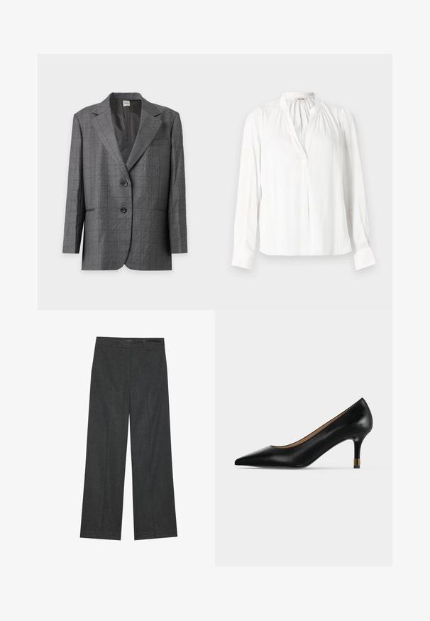 Blazer gris à deux boutons avec petit motif à pois blancs, revers crantés et poches avant, présenté sur un fond gris clair.; Blouse blanche à manches longues avec col montant, plis froncés près de l'encolure et patte de boutonnage avant dissimulée.; Pantalons larges gris foncé en tissu texturé, avec une taille plate, des passants de ceinture et une finition soignée à l'ourlet.; Escarpin en cuir noir à bout pointu avec un talon fin de hauteur moyenne présentant un détail de bande dorée près de la base, présenté sur un fond clair uni.