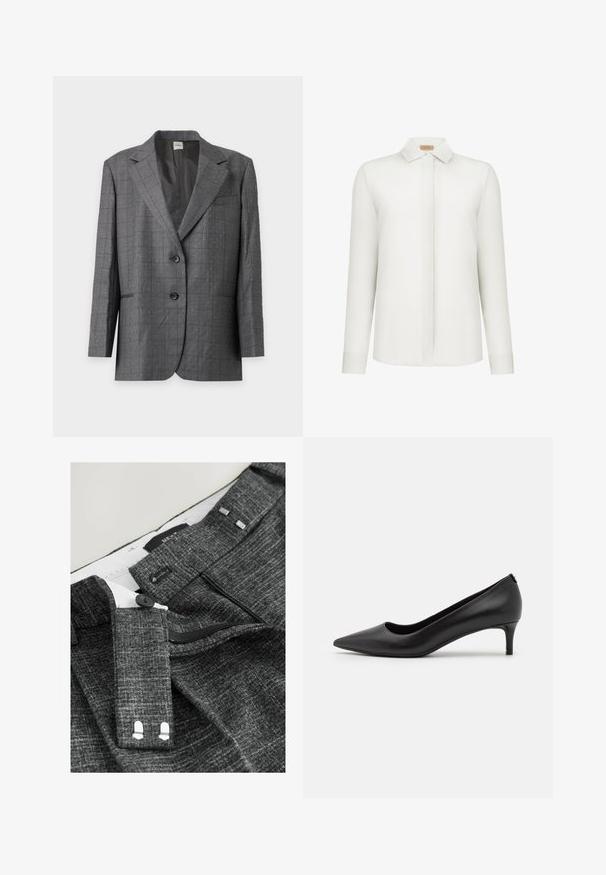 Blazer gris à deux boutons avec petit motif à pois blancs, revers crantés et poches avant, présenté sur un fond gris clair.; Chemise blanche à manches longues avec boutons dissimulés, col classique et ourlet droit, présentée sur un fond uni.; Des pantalons gris texturés présentent une fermeture à bouton, une fermeture éclair et des passants de ceinture en tissu, avec une doublure intérieure blanche et des détails de couture distincts.; Escarpin noir en cuir avec un bout pointu et un petit talon. Texture lisse, design épuré et détails subtils au niveau du talon.