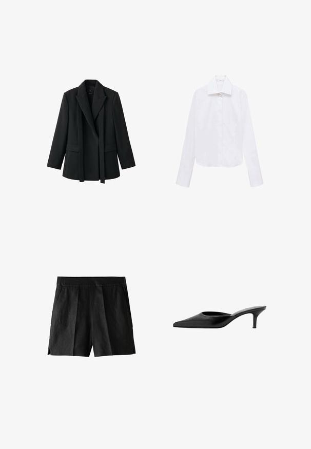 Sort blazer med en struktureret pasform, sjalskrave, åben front og to forlommer. Fremstillet i glat stof med en skræddersyet pasform.; Hvid cropped skjorte med lange ærmer, spids krave og knaplukning foran. Lavet af glat, lette stoffer. Ingen synlige mønstre eller accenter.; Sorte linnedrenge med plisseret front, sidelommer og en afslappet pasform. Stoffet har en glat tekstur og et afslappet design.; Sort læder mule med spids tå, lav, slank hæl og design uden hæl, som man nemt kan træde i.