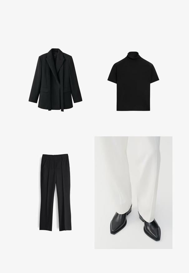 Blazer noir à la coupe structurée, col châle, devant ouvert et deux poches avant. Confectionné dans un tissu lisse avec une coupe ajustée.; T-shirt noir à manches courtes avec col roulé, coupe ample et design simple sur fond blanc.; Pantalon formel noir avec passants de ceinture, poches avant et coupe droite sur fond blanc.; Bottines noires à bout pointu en cuir lisse, avec des talons bas en bloc, associées à un pantalon large blanc. Design simple et moderne.