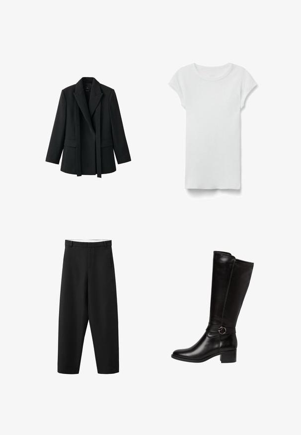 Blazer noir à la coupe structurée, col châle, devant ouvert et deux poches avant. Confectionné dans un tissu lisse avec une coupe ajustée.; T-shirt blanc à manches courtes, côtelé, col rond, posé à plat sur fond blanc, montrant le devant et un style simple et décontracté.; Pantalon noir à jambes droites avec passants pour ceinture, fermeture éclair à l'avant, et un design épuré et simple, adapté pour une tenue formelle ou décontractée.; Botte en cuir noir montante avec un bout arrondi, une sangle décorative avec une boucle circulaire, et un petit talon carré. Texture lisse et brillante.