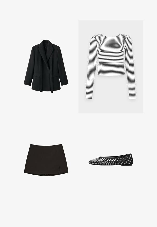 Blazer noir à la coupe structurée, col châle, devant ouvert et deux poches avant. Confectionné dans un tissu lisse avec une coupe ajustée.; Haut court à manches longues avec un motif à rayures noir et blanc, un col rond et un tissu doux texturé.; Mini-jupe noire en tissu lisse, avec une coupe droite, des fentes latérales et un ourlet net. Simple et polyvalente.; Chaussure plate noire avec un bout arrondi et des embellissements cloutés. Le matériau supérieur est lisse, avec un accent texturé près du bout.
