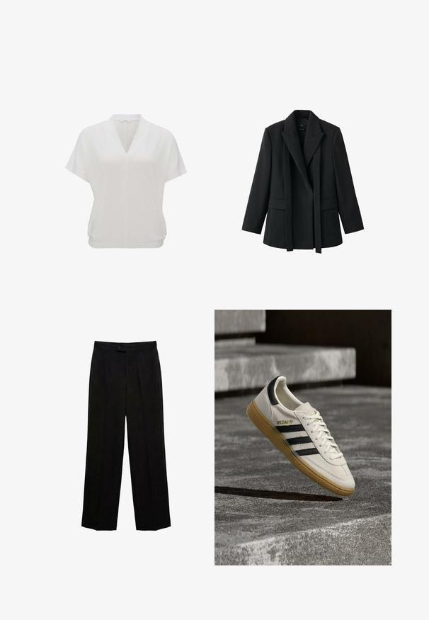 Schwarzer Blazer mit klarer Schnittführung, Schalkragen, offenem Vorderteil und zwei Vorderentaschen. Hergestellt aus glattem Stoff mit figurbetontem Schnitt.; Weißes Kurzarmoberteil mit V-Ausschnitt und lockerer Passform mit einem gerafften Saum. Glatter, leichter Stoff mit einer dezenten Textur.; Schwarze gerade Hose mit Knopf- und Reißverschluss, hoher Taille und vorderen Bügelfalten.; Weißer Adidas Spezial Sneaker mit schwarzen Streifen und Kautschuksohle, der über grauen Steinstufen im Freien schwebt.