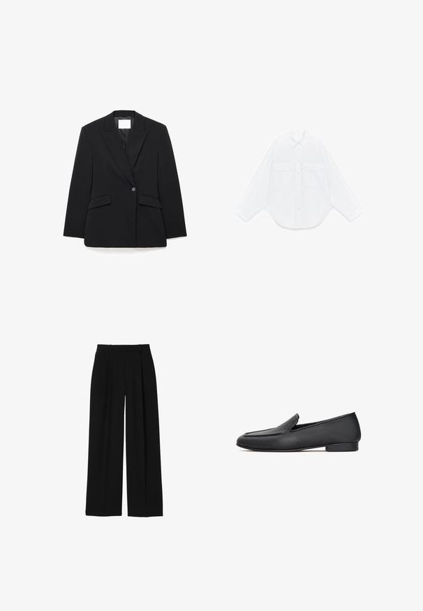 Zwarte op maat gemaakte blazer met ingezette revers, enkele knoopsluiting, twee voorzakken en een gestructureerde silhouet, gemaakt van gladde stof.; Wit overhemd met lange mouwen, knopen, een puntige kraag en twee voorzakken met kleppen en knopen, platgelegd op een witte achtergrond.; Zwarte broek met hoge taille, wijde pijpen, riemlussen en voorvouwen, afgebeeld op een witte achtergrond.; Zwarte leren loafers met een gestructureerde afwerking, met een ronde neus en een lage hak. Het ontwerp omvat een gestikte bovenkant.