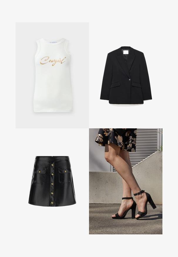 Sort skræddersyet blazer med hakket revers, enkeltknapslukning, to forlommer og struktureret silhuet fremstillet af glat stof.; Hvid ærmeløs ribbet top med guldmetallic skrift, der står "Cowgirl" på tværs af brystet, præsenteret på en ensfarvet baggrund.; Sort nederdel i imiteret læder med en udvidet silhuet, der har knaplukning foran, to påsyede lommer og kontrasterende messingknapper.; Sorte ruskinds høje hæle sandaler har et ankelstrop med spænde, åben tå design og en kraftig hæl. Glat tekstur og minimalistisk stil.