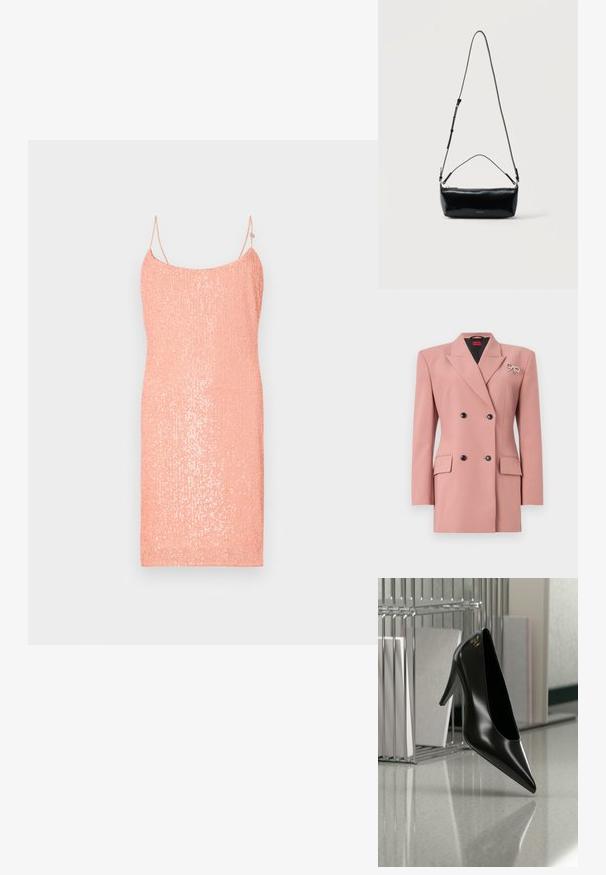 Blazer croisé en tissu rose doux, doté d'un col à revers, de deux poches avant, de boutons noirs et d'une broche en forme de nœud argenté.; Robe nuisette de couleur pêche en tissu pailleté, dotée de fines bretelles réglables et d'une silhouette ajustée. Texture lisse, longueur genoux.; Chaussure noire à talon haut avec bout pointu et logo doré, posée sur une surface réfléchissante près d'un organiseur de dossiers en fil chromé contenant des documents.; Sac bandoulière rectangulaire en cuir noir avec bandoulière ajustable, fermeture éclair sur le dessus et petit logo Calvin Klein doré sur le devant.
