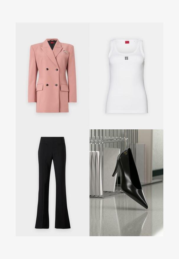 Blazer de corte cruzado en suave tela rosa, con cuello de solapa, dos bolsillos frontales, botones negros y un adorno en forma de lazo plateado.; Camiseta sin mangas blanca de algodón, con un diseño sencillo que presenta un escote redondo y el logo negro "HUGO" en el centro. Textura suave.; Pantalones acampanados negros hechos de una tela suave con una cintura alta, que cuentan con dos bolsillos traseros y una línea en el frente de cada pierna.; Zapato de tacón alto negro con punta afilada y logo dorado, colocado sobre una superficie reflectante cerca de un organizador de archivos de alambre cromado con documentos.