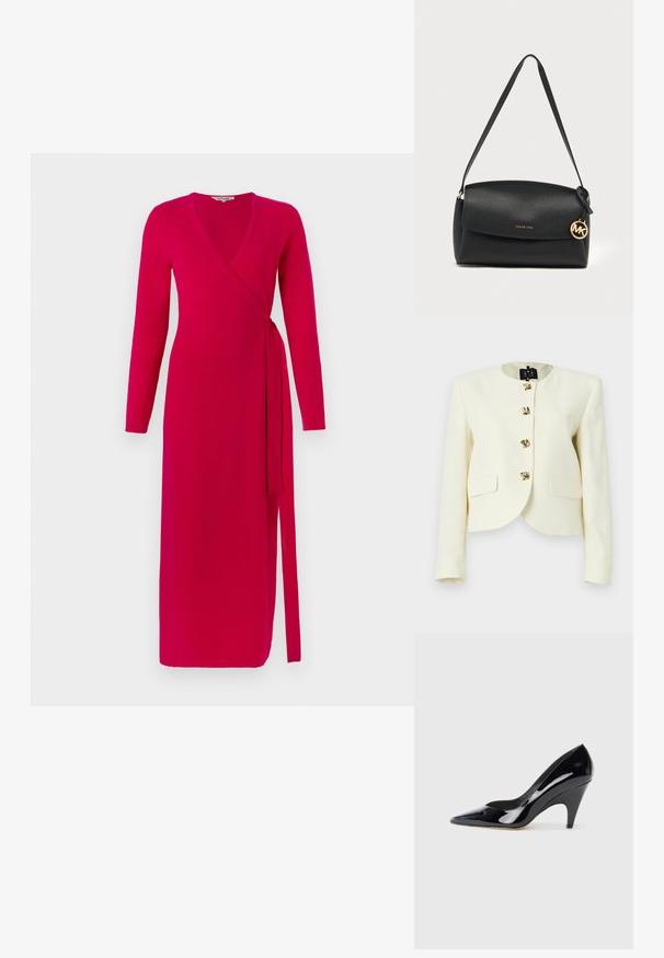 Kort cremejakke af tekstureret stof med rund halsudskæring og fem knapper i guldfarve samt to forlommer.; Diane von Furstenberg ASTRID WRAP DRESS - Hverdagskjole - pink; Sorte patentlæder højhælede sko med spids tå og buet hæl, der har en glat, reflekterende overflade.; Sort skuldertaske i læder med klap, guldfarvet Michael Kors-logo vedhæng og justerbar rem på en simpel lys baggrund.