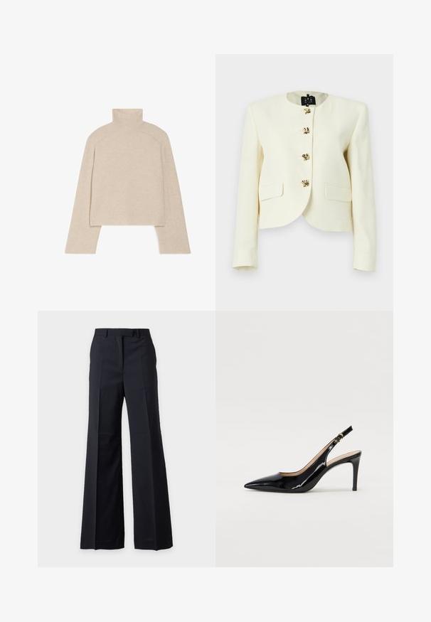 Kort cremejakke af tekstureret stof med rund halsudskæring og fem knapper i guldfarve samt to forlommer.; Beige ribbet turtleneck sweater med lange ærmer og en tætsiddende design, der har en høj krave og et tekstureret strikkemønster.; Sorte formelle bukser med vide ben, bæltestropper og frontfold, vist mod en ensartet lys baggrund.; Sort patenteret læder slingback stiletto med spids tå, slank hæl og et subtilt udskæringsdesign. Har en gylden spænde på remmen.