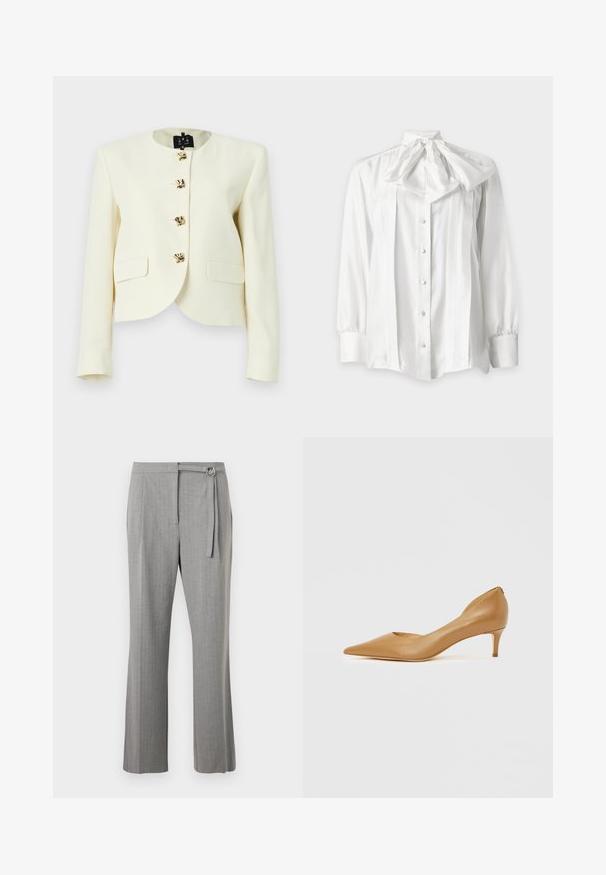 Veste courte crème en tissu texturé avec un col rond et cinq boutons dorés, dotée de deux poches frontales.; Blouse blanche à manches longues avec boutons sur le devant et un grand nœud noué au col, avec des détails plissés à l'avant.; Pantalon gris sur mesure à coupe droite, devant plat, avec une ceinture en tissu et une boucle D-argentée à la taille.; Escarpin en cuir marron à bout pointu avec un petit talon, présentant un design ajouré sur le côté pour plus de détails et une texture lisse.