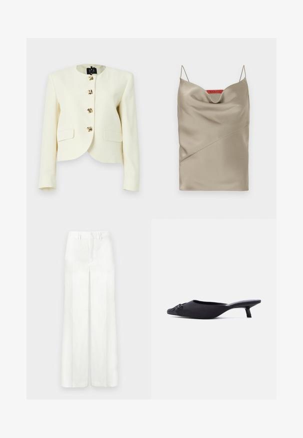 Veste courte crème en tissu texturé avec un col rond et cinq boutons dorés, dotée de deux poches frontales.; Camisole en satin de couleur taupe clair avec un décolleté drapé, des bretelles fines et ajustables, et des détails de couture diagonaux. Étiquette de marque en rouge à l'arrière.; Pantalon blanc taille haute, ajusté, avec jambes larges, passants pour ceinture et fermeture avant dissimulée, présenté sur un fond clair.; Mule pour femmes noires avec bout pointu, empeigne en tissu, petit talon bobine et un nœud décoratif à l'avant, présenté en profil latéral.