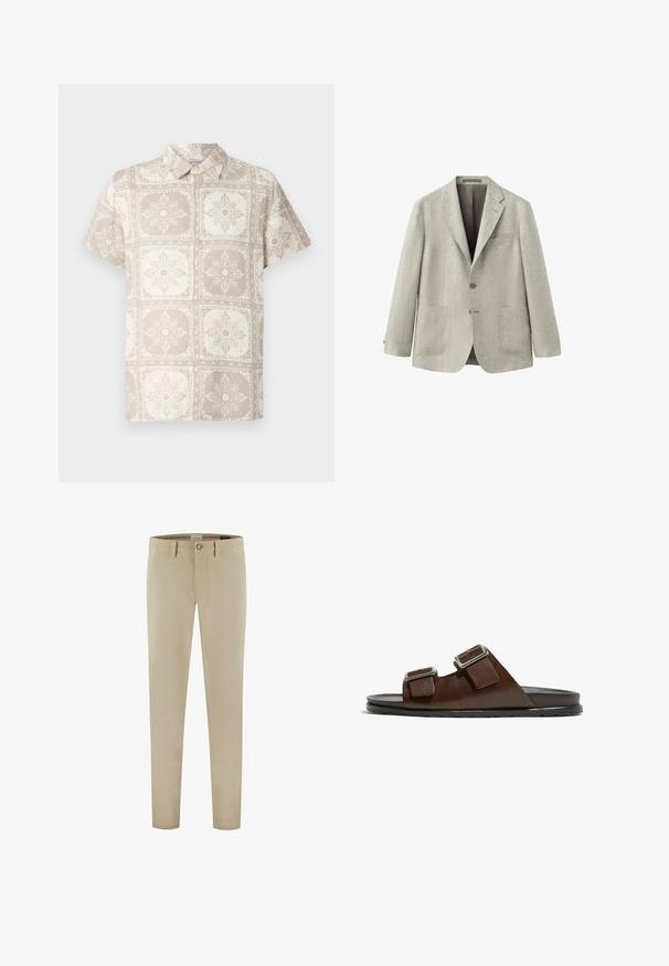 Lysegrå enkelt brystet blazer med to foran påsatte lommer, hakrevers og to knapper, vist på hvid baggrund.; Kortærmet skjorte med knapper i beige med et gentaget blomsterdesign. Fremstillet af et let stof med et naturligt, struktureret udseende.; Beige bomuldsbukser med lige pasform, der har knaplukning, forlommer og en glat tekstur. Enkel og alsidig design.; Brun lædersandal med to justerbare spænder. Har en tekstureret overflade og en flad sort sål for komfort og stabilitet.