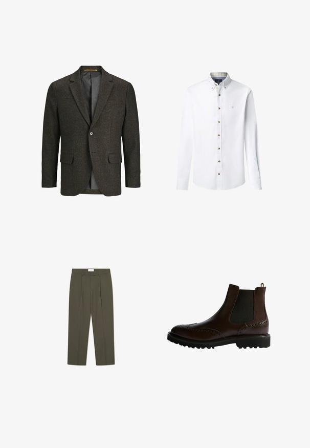Dunkelbrauner Tweed-Blazer mit Reverskragen, zwei frontalen Taschen, einer einzelnen Knopfschließe und einem glatten schwarzen Futter.; Weißes Langarm-Hemd mit Knopfleiste und Button-Down-Kragen, braunen Knöpfen, dezentem Brustlogo und kariertem Futter am Kragen.; Olivgrüne Hose mit vertikalen Nadelstreifen, tailliertem Bund, Falten und geradem Bein. Glatte Textur.; Scarosso KEITH - Stiefelette - brown calf