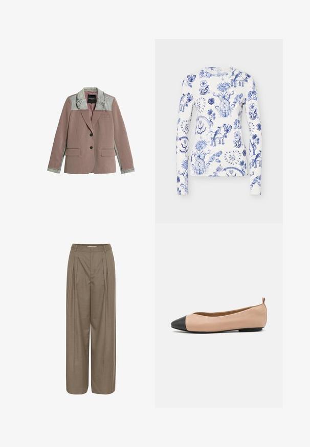 Blazer med front og ærmer i mauve stof, grå denimkrave, skulderstykke og ærmekanter, to sorte knapper og forlommer med klap.; Hvid skjorte med lange ærmer med blå indviklede blomster-, sol-, hjerte-, fugle- og fantasifulde mytiske væsenmønstre over stoffet.; Plisserede bukser med bred ben i en lys brun stof, med en struktureret talje og en glat tekstur, designet til komfort og alsidighed.; Læderballetflade med en nude farve og sort tætsko. Har et minimalistisk design, glat tekstur og en lille bagløkke for nem påføring.