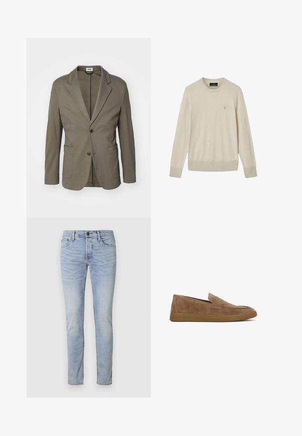 Leicht olivgrüner Blazer aus glattem Stoff; mit Reverskragen, zwei Fronttaschen und einer Zwei-Knopf-Verschluss.; Beiger Pullover mit Rundhalsausschnitt und langen Ärmeln, gerippten Bündchen und Saum, mit kleinem, auf der linken Brust gesticktem Logo.; Hellblaue Jeans im Slim-Fit-Stil mit einem Fünf-Taschen-Design und einem Reißverschluss. Sie weisen subtile Ausbleichungen und gestickte Details an den Nähten auf.; Wildleder-Slipper in hellbrauner Farbe mit abgerundetem Zehenbereich und flacher Gummisohle. Verfügt über eine gestickte Detailierung am Obermaterial für ein verbessertes Design.