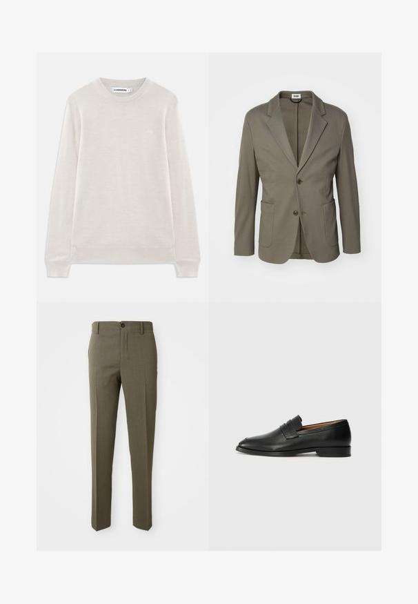 Lys olivengrøn blazer lavet af glat stof; har spidse klapper, to frontlommer og lukning med to knapper.; Lys beige langærmet crewneck sweater med ribbede manchetter og kant, subtilt logo på venstre bryst og J.Lindeberg-label indeni kraven.; Olivengrønne skræddersyede bukser med en glat overflade, lige bendesign, enkelt foretrukket knap og sidelommer for funktionalitet.; Sort læder loafer med rund tå, diskret syning, og lav hæl, der har en glat tekstur og minimalistisk design.