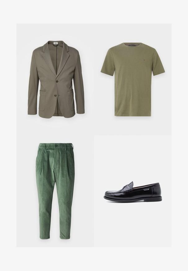 Lys olivengrøn blazer lavet af glat stof; har spidse klapper, to frontlommer og lukning med to knapper.; Oliven grøn bomulds T-shirt med rund hals, korte ærmer og et lille logo på venstre bryst. Glat tekstur, normal pasform.; Grønne fløjlsbukser med en regulær pasform, der har folder, elastisk talje og en enkelt knaplukning. Glat, tekstureret stof.; Sorte læderloafer med en blank finish, der har et syet mønster på tåen og en lav, tekstureret sort gummisål.