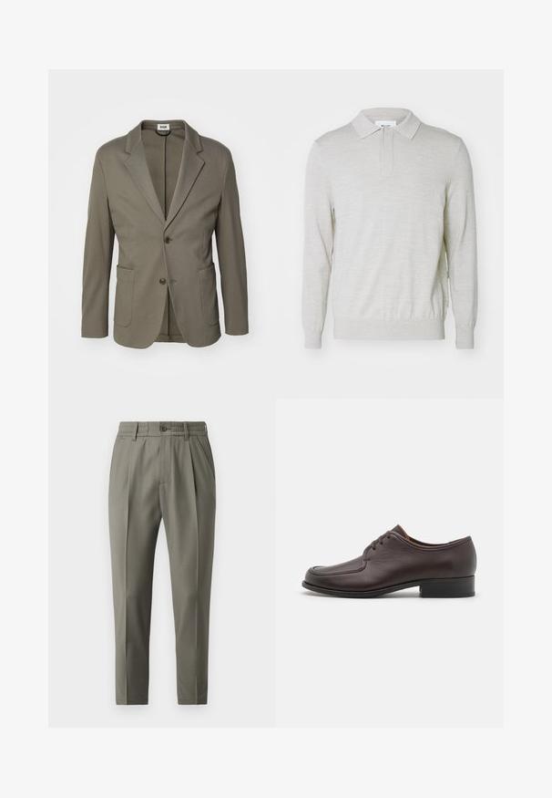 Lys olivengrøn blazer lavet af glat stof; har spidse klapper, to frontlommer og lukning med to knapper.; NN.07 EMERSON - Poloshirts - white pepper; Beige skræddersyede bukser med lige ben, der har en knaplukning, folder foran og en elastisk talje for komfort.; Brune lædersko til mænd med en glat overflade, rund tå og lukket snørebåndsdesign. Har en lav, stablet hæl og diskrete syninger.