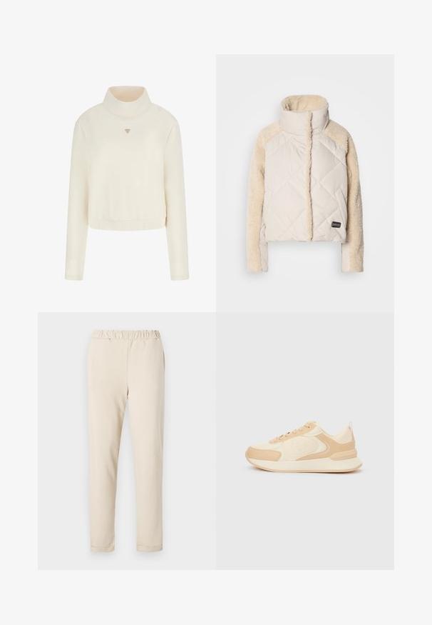 Crème gewatteerde jas met een hoge kraag, fluffy beige mouwen en een zichtbaar logo. Zachte textuur, cropped design en diagonale stiksels.; Guess Sweater - crema; Beige katoenen broeken met een gerimpelde tailleband, rechte pijpen en zonder zichtbare patronen, met een soepele textuur en een eenvoudige zoom.; Beige sneaker met lichte accenten, ronde neus, gestructureerd bovenwerk, platte veters en een gevoerde zool. Heeft een logo aan de zijkant.