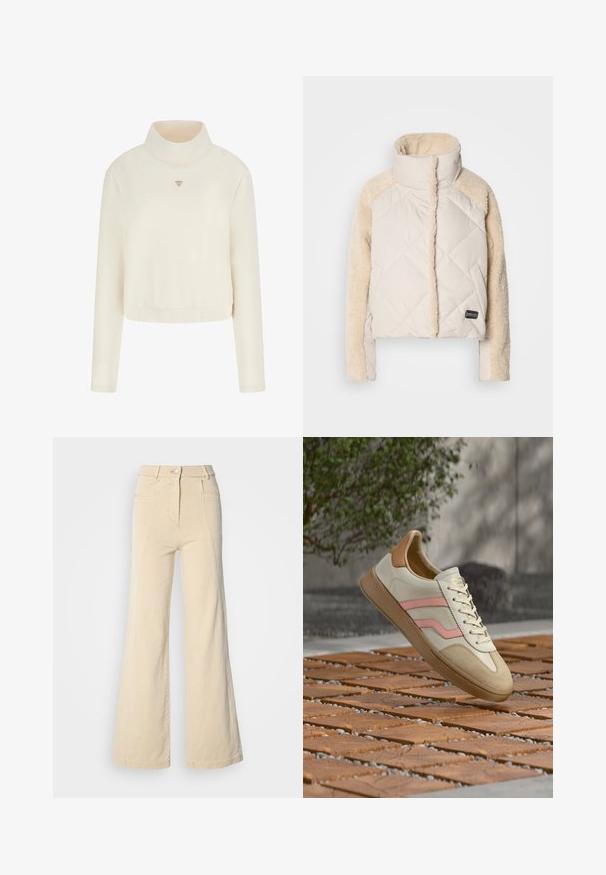Crème gewatteerde jas met een hoge kraag, fluffy beige mouwen en een zichtbaar logo. Zachte textuur, cropped design en diagonale stiksels.; Guess Sweater - crema; Beige wijde jeans met hoge taille, voorzakken en contrasterende stiksels, met een knoopsluiting en een zachte katoenen textuur.; Witte sneaker met roze en beige accenten, een leren bovenwerk, een gestructureerde rubberen zool en vetersluiting, gepresenteerd tegen een houten achtergrond.