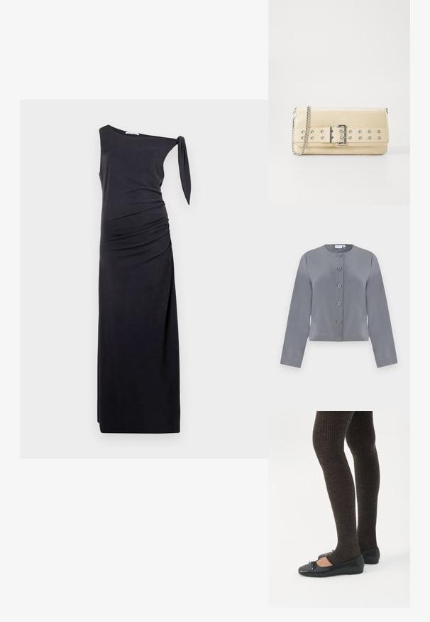 Veste grise courte avec un col rond, fermeture à six boutons à l'avant, manches longues et texture de tissu lisse.; Robe noire asymétrique en tissu doux, avec un froncé sur le côté et un détail à nouer à l'épaule. Silhouette longue et ajustée.; Jambes portant des leggings côtelés foncés associés à des ballerines noires avec de petits détails en nœud sur fond blanc.; Sac à main beige avec une large ceinture ornée d'œillets en argent et d'une boucle, et une chaîne en argent en fond blanc.