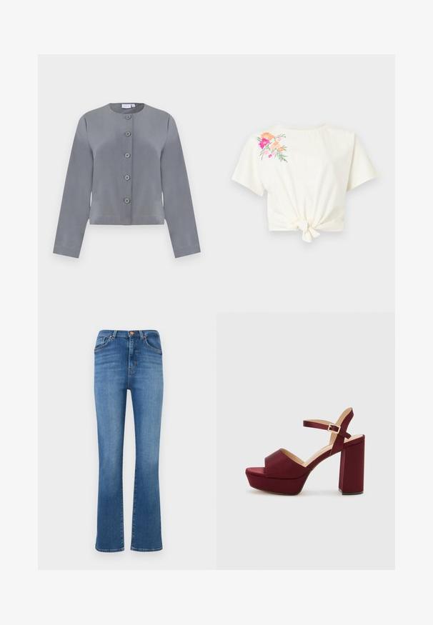 Veste grise courte avec un col rond, fermeture à six boutons à l'avant, manches longues et texture de tissu lisse.; Crop top blanc à manches courtes avec nœud noué à l'avant et broderie florale rose et orange sur l'épaule gauche.; Jean bleu taille haute, jambe droite, avec poches avant, passants pour ceinture, fermeture par bouton et coutures visibles sur fond blanc.; Sandales à plateforme bourgogne avec un bout ouvert, un talon bloc épais, une sangle de cheville et une finition satinée. Présente un design à l'avant en croisé.