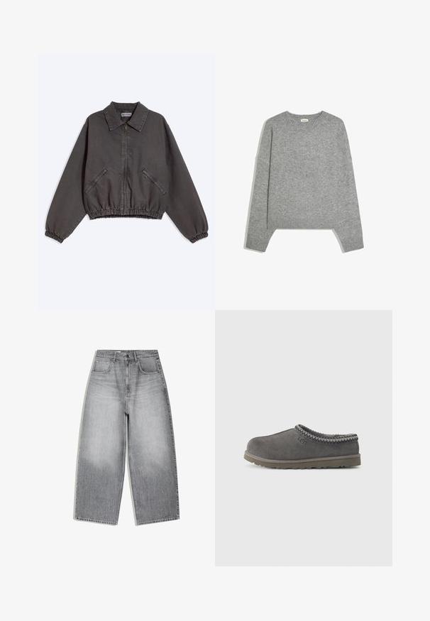 Veste zippée gris foncé avec col, deux poches latérales zippées, poignets et bas élastiques, posée à plat sur un fond clair.; Pull en maille gris clair uni à manches longues, avec poignets, ourlet et col rond en côtes, posé à plat sur un fond blanc.; Jean taille haute à jambes larges en denim gris délavé avec poches avant et ceinture à bouton.; Chausson gris en daim à enfiler avec un col tricoté à motifs, un intérieur rembourré et une semelle en caoutchouc durable. Présente le logo de la marque sur le côté.
