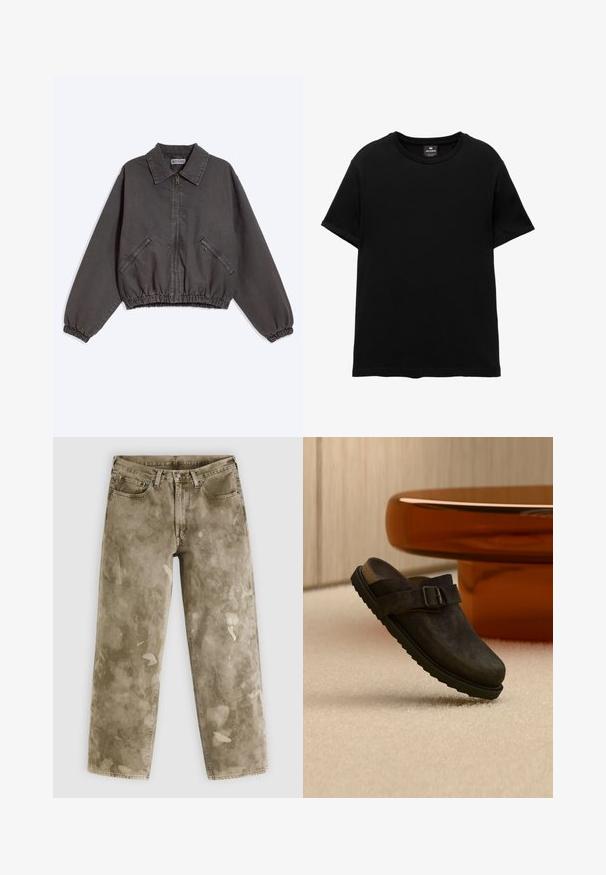 Veste zippée gris foncé avec col, deux poches latérales zippées, poignets et bas élastiques, posée à plat sur un fond clair.; T-shirt noir à manches courtes avec col rond, étiquette Pull&Bear à l’intérieur du col, posé à plat sur un fond blanc.; Jean large couleur kaki avec une texture usée, présentant des éclaboussures de peinture claires et un design à cinq poches. Confectionné en denim.; Chaussure à enfiler marron foncé avec bride à boucle et semelle rainurée, exposée sur un tapis beige près d'une table ronde couleur ambre.