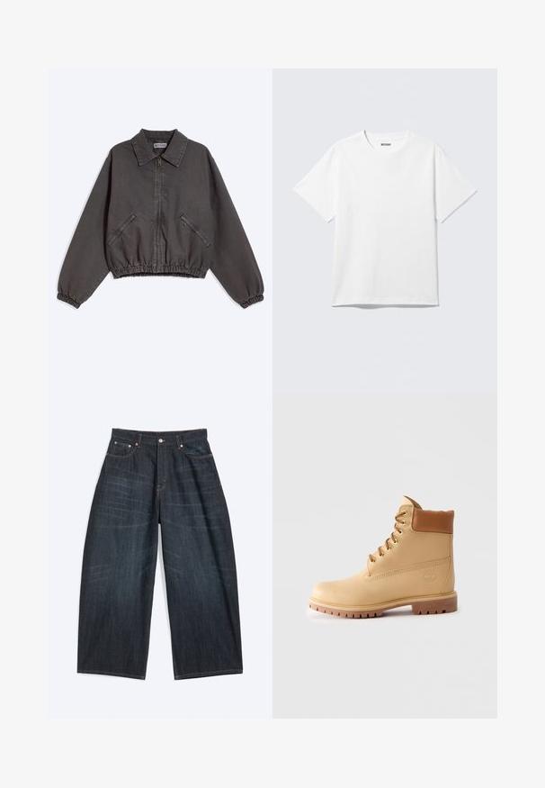Dunkelgraue Zip-up-Jacke mit Kragen, zwei seitlichen Reißverschlusstaschen und elastischen Bündchen und Saum, flach auf hellem Hintergrund liegend.; Weißes T-Shirt mit kurzen Ärmeln und Rundhalsausschnitt, flach liegend, schlichtes Design, mit „WEEKDAY“-Etikett innen im Kragen auf hellem Hintergrund.; Dunkelblaue Jeans mit weitem Bein, Vordertaschen, Knopfverschluss und sichtbaren Nähten, flach auf einem weißen Hintergrund liegend.; Hellbraune Leder-Ankle-Boots mit gepolstertem Kragen, goldenen Ösen, braunen Schnürsenkeln und dicker Profilsohle auf hellem, einfarbigem Hintergrund.