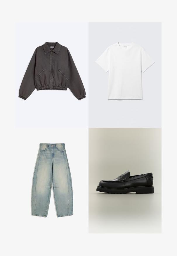 Veste zippée gris foncé avec col, deux poches latérales zippées, poignets et bas élastiques, posée à plat sur un fond clair.; T-shirt blanc à manches courtes et col rond, étalé à plat, design uni, avec l'étiquette "WEEKDAY" à l'intérieur du col sur un fond clair.; Jean large en denim bleu clair lavé, avec poches devant et arrière, fermeture par boutons, et détails subtilement délavés sur les cuisses et les genoux.; Mocassin en cuir noir avec une semelle épaisse en caoutchouc, détail de bride penny et design moc toe cousu sur fond neutre.