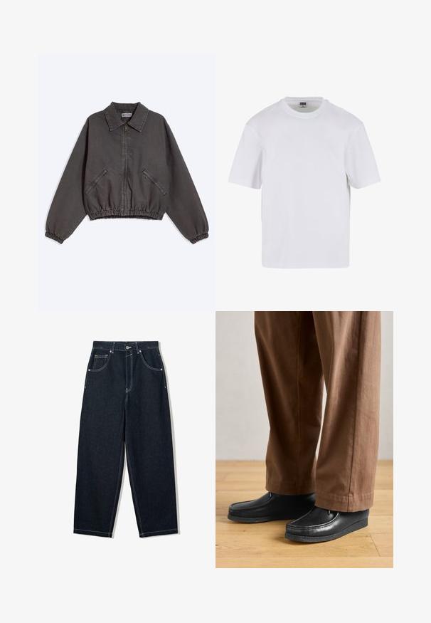 Mørkegrå jakke med lynlås og krave, to lynlåslommer i siden, elastiske manchetter og kant, lagt fladt på en lys baggrund.; Hvid kortærmet t-shirt lavet af bomuld. Har en rund halsudskæring og en afslappet pasform. Glat tekstur, minimalistisk design, ingen mønstre eller accenter.; Løsvidde, mørke denim jeans med kontrastfarvet hvid syning, fem lommer og knappelukning. Har et højt talje-design.; Sorte lædersko med mokkasin-design og syningdetaljer, parret med brune bukser, på et trægulv.