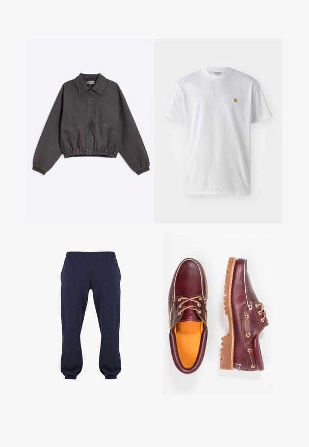 Veste zippée gris foncé avec col, deux poches latérales zippées, poignets et bas élastiques, posée à plat sur un fond clair.; T-shirt en coton blanc à manches courtes, col rond, avec un petit logo doré sur la poitrine gauche. Texture douce et coupe régulière.; Pantalons de survêtement bleu marine avec une taille élastique et des manches resserrées, fabriqués en tissu doux, sans motifs ni accessoires visibles.; Chaussures en cuir bourgogne avec semelles en caoutchouc marron, bout rond, couture blanche et œillets dorés. L'intérieur présente une doublure jaune.