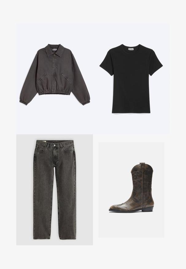 Mørkegrå jakke med lynlås og krave, to lynlåslommer i siden, elastiske manchetter og kant, lagt fladt på en lys baggrund.; Enkel sort t-shirt med korte ærmer og rund hals med et Weekday-mærke inde i kraven, vist på en hvid baggrund.; Sorte, slidte straight-leg jeans med fem lommer, knaplukning og bæltestropper, lagt fladt på en hvid baggrund.; Brune læder cowboystøvle med en høj skaft, spids tå, intrikate syning mønstre og en lille hæl. Struktureret finish hele vejen igennem.