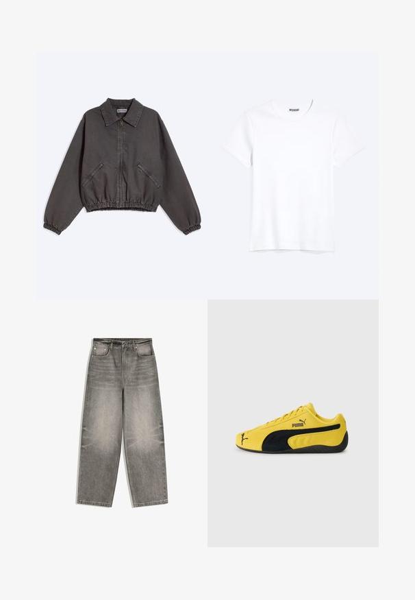 Mørkegrå jakke med lynlås og krave, to lynlåslommer i siden, elastiske manchetter og kant, lagt fladt på en lys baggrund.; Enkelt hvid T-shirt med korte ærmer og rund hals med synligt WEEKDAY-mærke i kraven, vist på en lys baggrund.; Grå denimjeans med vide ben, frontknap, lynlåslukning, bæltestropper og fem-lomme design lagt fladt på en hvid baggrund.; Gul ruskinds sneakers med sorte ruskindsdetaljer. Har en struktureret sål, snørelukning og Puma-logo på siden og tungen.