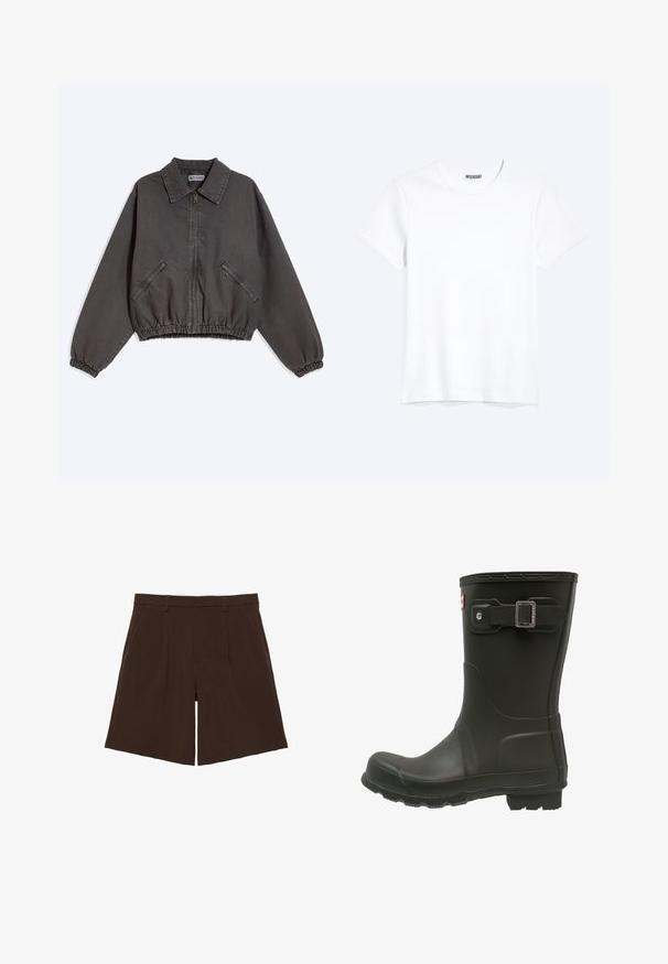 Mørkegrå jakke med lynlås og krave, to lynlåslommer i siden, elastiske manchetter og kant, lagt fladt på en lys baggrund.; Enkelt hvid T-shirt med korte ærmer og rund hals med synligt WEEKDAY-mærke i kraven, vist på en lys baggrund.; Mørkebrune knælange skræddersyede shorts med bæltestropper og forreste læg, vist fladt på hvid baggrund.; Sort gummistøvle med rund tå, en spænderem ved den øverste side og en struktureret sål til godt tænksom greb.