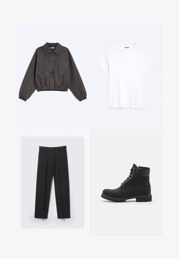 Veste zippée gris foncé avec col, deux poches latérales zippées, poignets et bas élastiques, posée à plat sur un fond clair.; T-shirt blanc uni à manches courtes et col rond avec une étiquette de la marque WEEKDAY visible au niveau du col, présenté sur un fond clair.; Pantalon noir ajusté avec plis avant, poches latérales, passants de ceinture et fermeture par bouton à la taille sur un fond clair.; Bottines noires en daim avec une semelle en caoutchouc, dotées d'œillets en métal, de lacets et d'un col en fausse fourrure douce autour du haut.