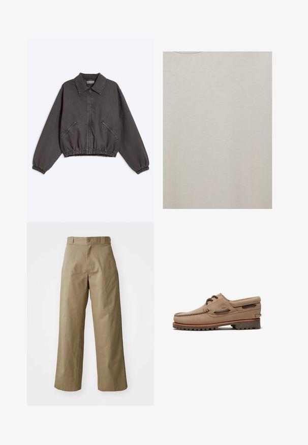 Mørkegrå jakke med lynlås og krave, to lynlåslommer i siden, elastiske manchetter og kant, lagt fladt på en lys baggrund.; Beige t-shirt med rund hals og glat, ensartet stoftekstur, set forfra.; Khaki bredde ben bukser lavet af bomuldsblandingsstof, med en enkelt knaplukning og synlige sidelommer. Glat tekstur, plisseret detalje.; Beige ruskind bådsko med snørebånd, robust sål, lædersnører og polstret krave, der viser Timberland-logoet på siden.