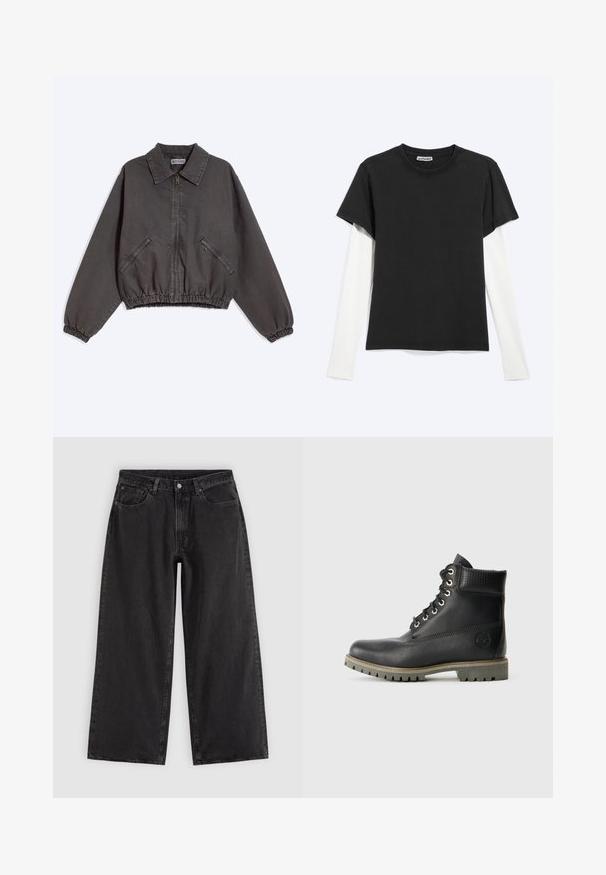 Donkergrijs jack met rits en kraag, twee ritssluitende zijzakken en elastische boorden en zoom, plat gelegd op een lichte achtergrond.; Zwart T-shirt met korte mouwen gedragen over een wit shirt met lange mouwen, plat gelegd op een lichtgrijze achtergrond met het WEEKDAY-label zichtbaar aan de binnenkant van de kraag.; Zwarte wijde spijkerbroek met voorzakken, riemlussen en knoopsluiting, getoond op een effen lichte achtergrond.; Zwarte leren enkelboot met vetersluiting, gewatteerde kraag en een gestructureerd paneel. Beschikt over een robuuste zool en een gebosseleerd logo aan de zijkant.