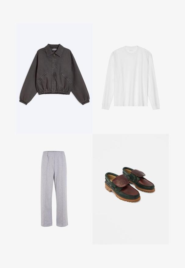 Chaqueta gris oscuro con cremallera y cuello, dos bolsillos laterales con cremallera y puños y dobladillo elásticos, puesta plana sobre un fondo claro.; Camiseta blanca de algodón de manga larga con cuello redondo, con puños acanalados y dobladillo recto, textura suave y diseño minimalista.; Pantalones de chándal de algodón ligero en color gris, con cintura elástica, piernas rectas y costuras visibles. Sin bolsillos ni adornos.; Zapatos de cuero con cuerpo verde oscuro, parte superior burdeos, puntera redonda, solapa asegurada y suela de caucho texturizada con crestas.