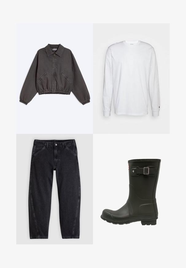Veste zippée gris foncé avec col, deux poches latérales zippées, poignets et bas élastiques, posée à plat sur un fond clair.; T-shirt blanc à manches longues en coton. Design à col rond avec des poignets côtelés et un petit logo sur la manche gauche. Texture lisse.; Jean en denim noir à coupe ample, doté d'une ceinture standard, d'un design à cinq poches et de surpiqûres contrastantes le long des coutures.; Botte de pluie en caoutchouc noir avec un bout arrondi, une sangle boucle au-dessus et une semelle texturée pour une meilleure adhérence.