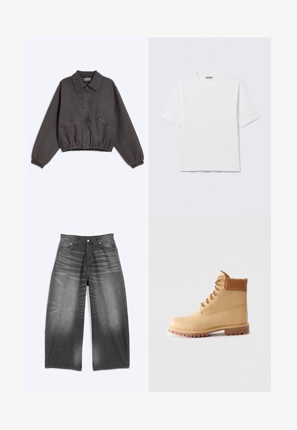 Dunkelgraue Zip-up-Jacke mit Kragen, zwei seitlichen Reißverschlusstaschen und elastischen Bündchen und Saum, flach auf hellem Hintergrund liegend.; Schlichtes weißes T-Shirt mit kurzen Ärmeln und Rundhalsausschnitt, mit einem kleinen "WEEKDAY"-Etikett an der Innenseite des Rückenkragens, auf einer flachen Oberfläche liegend dargestellt.; Weit geschnittene, ausgewaschene schwarze Jeans aus Denim mit Vordertaschen und Knopfverschluss, flach auf einem hellen Hintergrund liegend dargestellt.; Hellbraune Leder-Ankle-Boots mit gepolstertem Kragen, goldenen Ösen, braunen Schnürsenkeln und dicker Profilsohle auf hellem, einfarbigem Hintergrund.