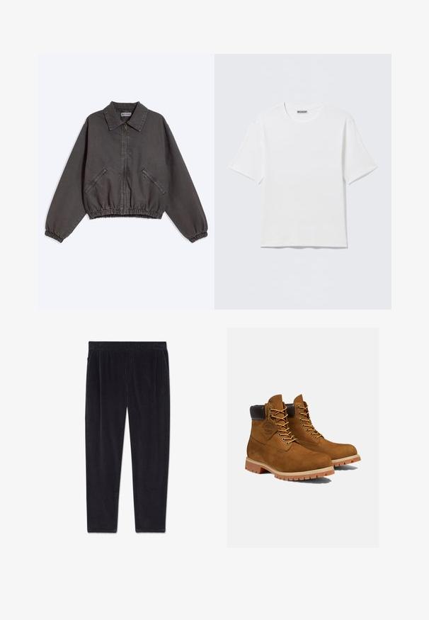 Chaqueta gris oscuro con cremallera y cuello, dos bolsillos laterales con cremallera y puños y dobladillo elásticos, puesta plana sobre un fondo claro.; Camiseta blanca lisa de manga corta con cuello redondo y una pequeña etiqueta "WEEKDAY" en el interior del cuello trasero, mostrada sobre una superficie plana.; Pantalones de pana negros con cintura elástica y bolsillos laterales, mostrados extendidos sobre un fondo blanco.; Botines de ante marrón con un cuello acolchado negro, ojales dorados y suela de goma gruesa con un patrón de tacos para mayor tracción.
