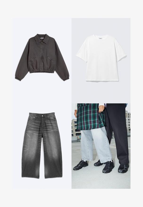 Dunkelgraue Zip-up-Jacke mit Kragen, zwei seitlichen Reißverschlusstaschen und elastischen Bündchen und Saum, flach auf hellem Hintergrund liegend.; Weißes oversized T-Shirt mit kurzen Ärmeln und Rundhalsausschnitt mit eingesetzten Schultern, flach auf hellgrauem Hintergrund.; Weit geschnittene, ausgewaschene schwarze Jeans aus Denim mit Vordertaschen und Knopfverschluss, flach auf einem hellen Hintergrund liegend dargestellt.; Schwarze Sportschuhe mit Mesh- und Gummielementen. Kombiniert mit hellgrauen weiten Jeans und einem karierten grünen Oberteil. Flacher Hintergrund.