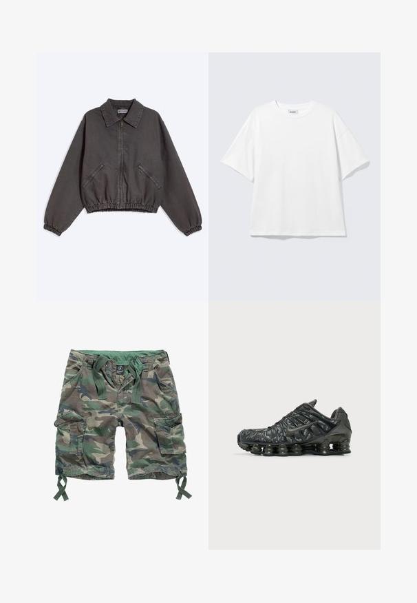 Chaqueta gris oscuro con cremallera y cuello, dos bolsillos laterales con cremallera y puños y dobladillo elásticos, puesta plana sobre un fondo claro.; Camiseta blanca de gran tamaño con mangas cortas, cuello redondo y hombros caídos, plana sobre fondo gris claro.; Pantalones cortos cargo en un patrón de camuflaje, con múltiples bolsillos, cintura elástica con cordones y material de algodón.; Zapatilla de running negra de Nike con amortiguación segmentada en la suela y patrón moteado blanco en la parte superior de la tela, vista desde el exterior.