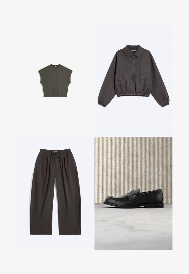 Veste zippée gris foncé avec col, deux poches latérales zippées, poignets et bas élastiques, posée à plat sur un fond clair.; Haut sans manches surdimensionné de couleur vert olive avec un col rond et de larges ouvertures aux bras, posé à plat sur un fond blanc.; Pantalon marron foncé, coupe ample, avec taille élastique et cordon, poches avant et jambes droites larges, posé à plat sur fond blanc.; Mocassin en cuir noir avec une plaque de marque en métal reposant près d'une table ronde marron sur un sol recouvert de moquette beige.