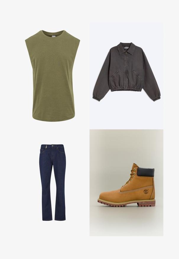 Veste zippée gris foncé avec col, deux poches latérales zippées, poignets et bas élastiques, posée à plat sur un fond clair.; T-shirt sans manches de couleur olive, fabriqué en coton doux, avec un col rond et une coupe décontractée et ample, dotée d'une texture lisse et uniforme.; Jean denim bleu foncé à jambes droites avec bouton et fermeture éclair à l'avant, comprenant des poches avant et arrière et des détails de couture visibles.; Bottine en cuir marron avec col noir, lacets jaunes et semelle beige. Présente un logo et des détails de couture blanche. Semelle extérieure à traction robuste.