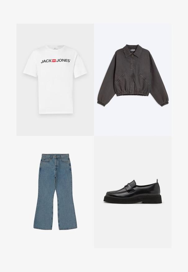 Donkergrijs jack met rits en kraag, twee ritssluitende zijzakken en elastische boorden en zoom, plat gelegd op een lichte achtergrond.; Witte katoenen T-shirt met een groot zwart "JACK & JONES" logo en een rode doosaccent. Korte mouwen en een klassiek ronde halsontwerp.; Lichtblauwe spijkerbroek met een flare en hoge taille, zichtbare stiksels en een vijf-pocket ontwerp. De stof heeft een zachte, gestructureerde afwerking.; Zwarte leren instapschoenen in loafer-stijl, met een vlakke, gestructureerde zool, voorzien van een gestikte neus en een band over de wreef.