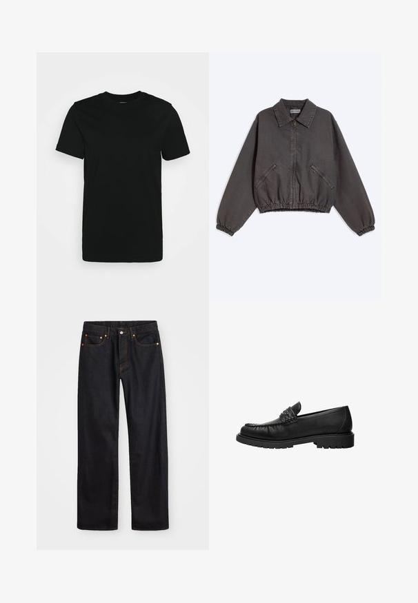 Veste zippée gris foncé avec col, deux poches latérales zippées, poignets et bas élastiques, posée à plat sur un fond clair.; T-shirt noir à manches courtes en coton lisse, avec un col ras du cou et un design simple sans motifs ni accents.; Jean en denim noir pour hommes, coupe droite, avec cinq poches et surpiqûres orange, fermeture par bouton et zip à la taille avant.; Mocassin en cuir noir avec dessus cousu, détail de bride cloutée et semelle épaisse à crampons, présenté en profil latéral sur fond blanc.